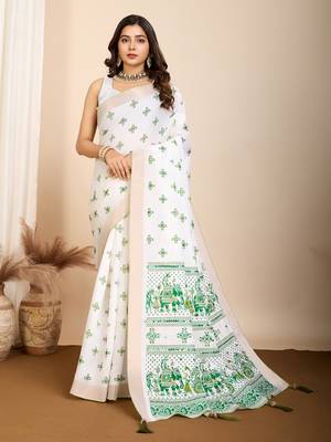 Green printed cotton silk saree with blouse piece 1
