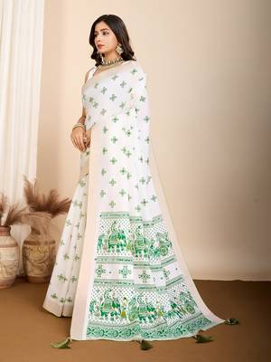Green printed cotton silk saree with blouse piece 4