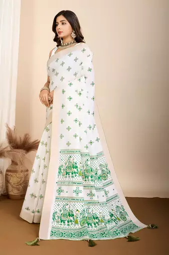 Green printed cotton silk saree with blouse piece