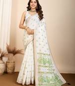 Parrot green printed cotton silk saree with blouse piece
