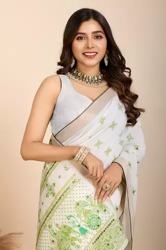 Parrot green printed cotton silk saree with blouse piece
