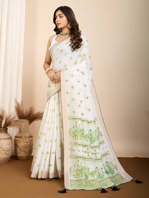 Parrot green printed cotton silk saree with blouse piece 3