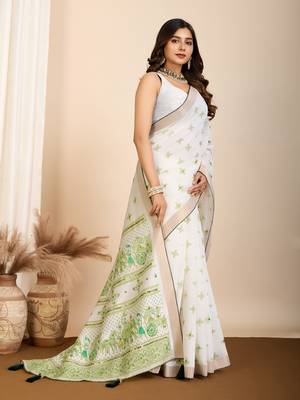 Parrot green printed cotton silk saree with blouse piece 4