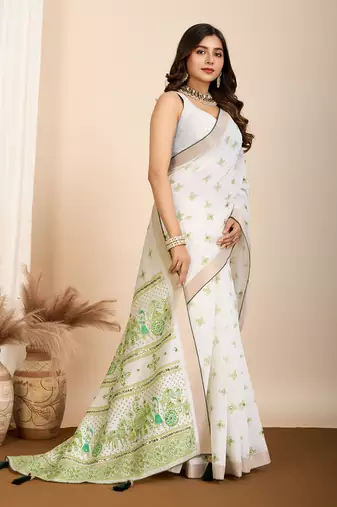 Parrot green printed cotton silk saree with blouse piece