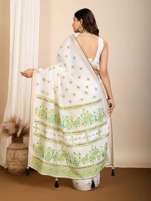 Parrot green printed cotton silk saree with blouse piece 5