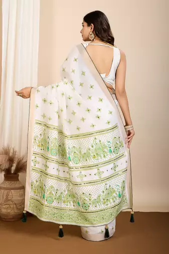 Parrot green printed cotton silk saree with blouse piece