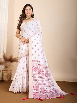 Pink printed cotton silk saree with blouse piece 1