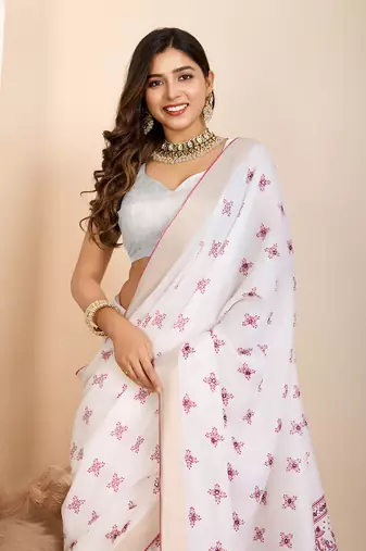Pink printed cotton silk saree with blouse piece
