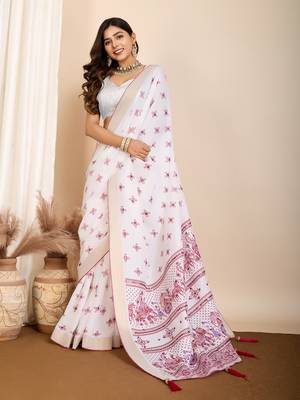 Pink printed cotton silk saree with blouse piece 3