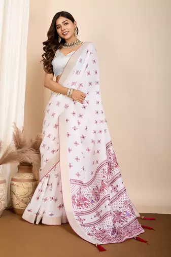 Pink printed cotton silk saree with blouse piece