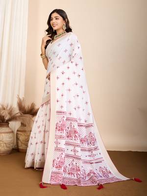 Pink printed cotton silk saree with blouse piece 4