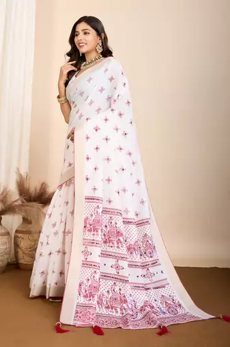 Pink printed cotton silk saree with blouse piece