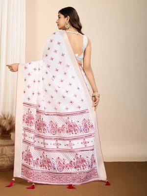 Pink printed cotton silk saree with blouse piece 5