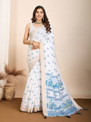 Sky blue printed cotton silk saree with blouse piece 1