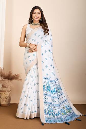 Sky blue printed cotton silk saree with blouse piece