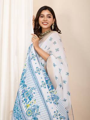 Sky blue printed cotton silk saree with blouse piece 2