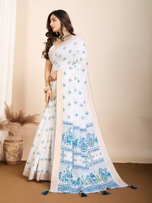 Sky blue printed cotton silk saree with blouse piece 4