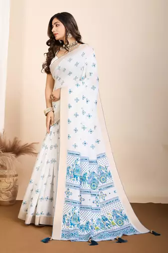 Sky blue printed cotton silk saree with blouse piece