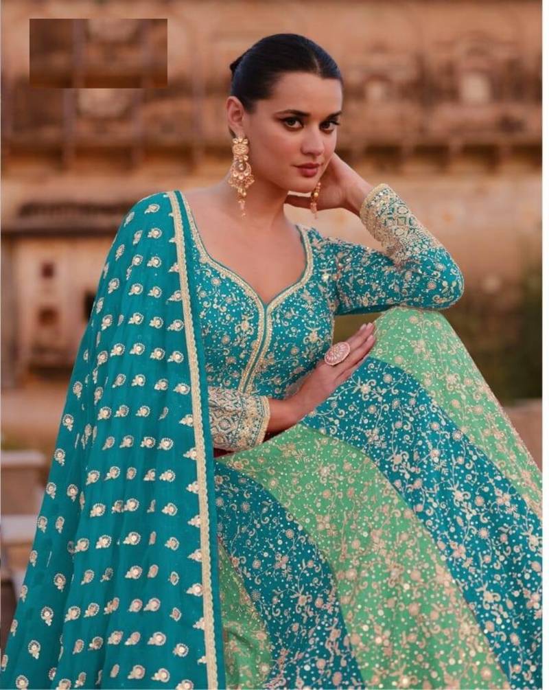 SKy Blue georgette floor length wedding gown 