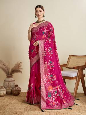 Pink printed cotton cotton saree with blouse piece 1