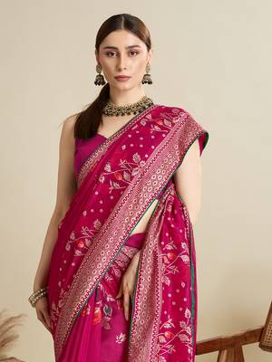 Pink printed cotton cotton saree with blouse piece 2