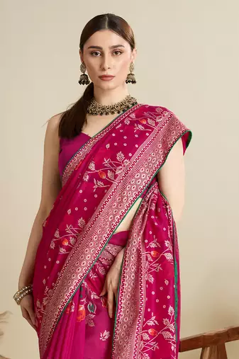 Pink printed cotton cotton saree with blouse piece