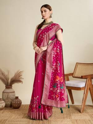 Pink printed cotton cotton saree with blouse piece 3