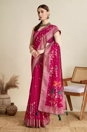 Pink printed cotton cotton saree with blouse piece