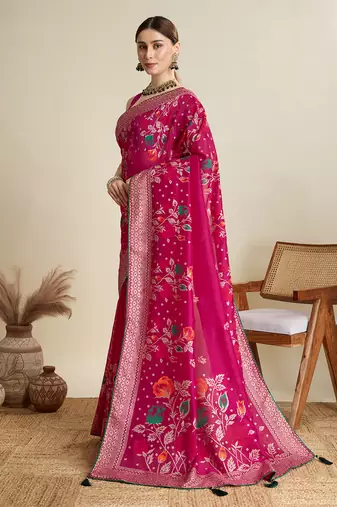 Pink printed cotton cotton saree with blouse piece
