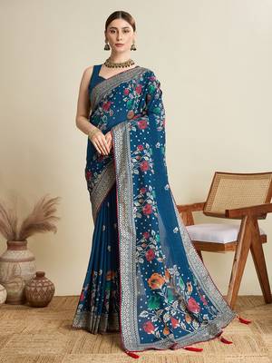 Teal printed cotton cotton saree with blouse piece 1