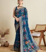 Teal printed cotton cotton saree with blouse piece