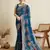 Teal printed cotton cotton saree with blouse piece
