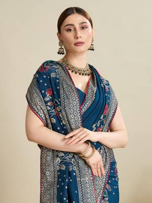 Teal printed cotton cotton saree with blouse piece 2