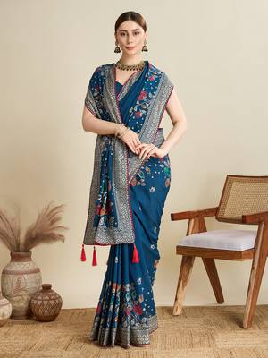 Teal printed cotton cotton saree with blouse piece 3