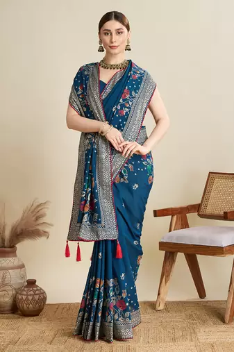 Teal printed cotton cotton saree with blouse piece