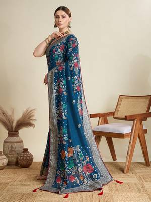 Teal printed cotton cotton saree with blouse piece 4