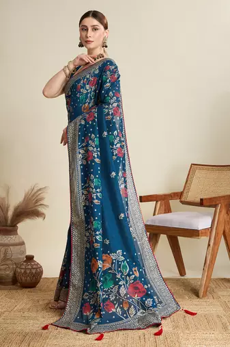 Teal printed cotton cotton saree with blouse piece