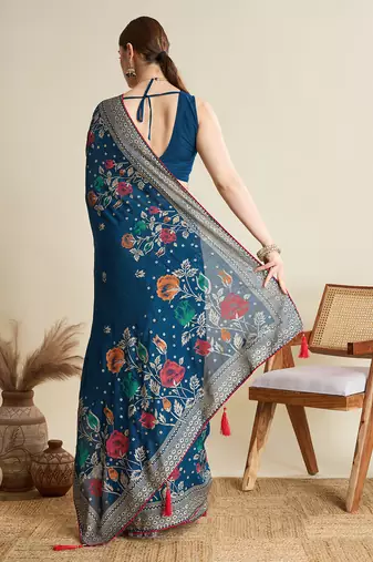 Teal printed cotton cotton saree with blouse piece