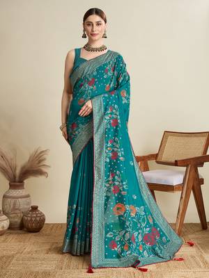 Teal printed cotton cotton saree with blouse piece 1