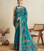 Teal printed cotton cotton saree with blouse piece