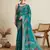 Teal printed cotton cotton saree with blouse piece