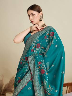 Teal printed cotton cotton saree with blouse piece 2