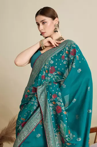 Teal printed cotton cotton saree with blouse piece