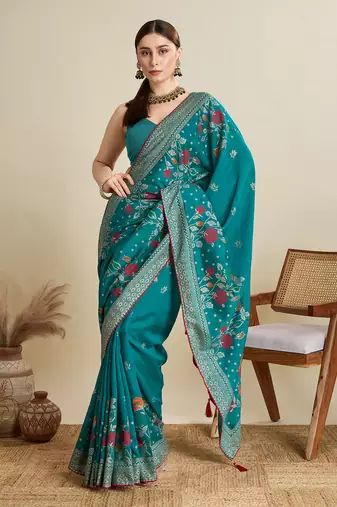 Teal printed cotton cotton saree with blouse piece