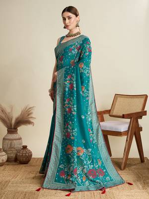 Teal printed cotton cotton saree with blouse piece 4