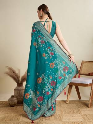 Teal printed cotton cotton saree with blouse piece 5
