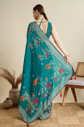 Teal printed cotton cotton saree with blouse piece