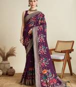 Wine printed cotton cotton saree with blouse piece