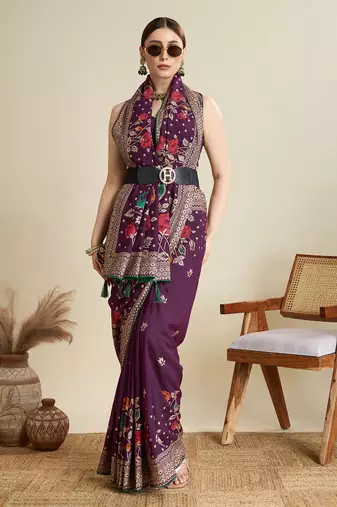 Wine printed cotton cotton saree with blouse piece