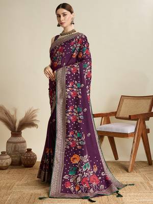 Wine printed cotton cotton saree with blouse piece 4